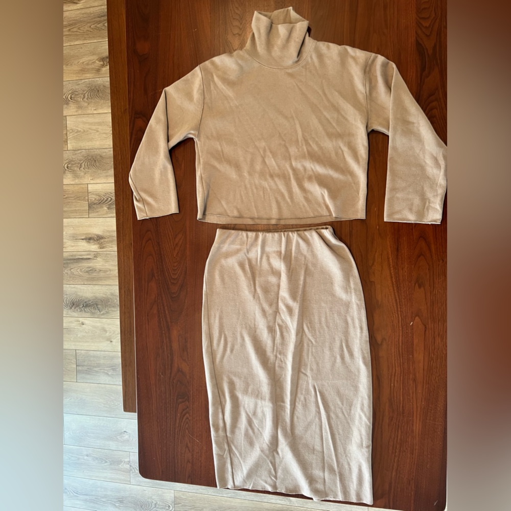 ZARA Camel Ribbed Knit Sweater Skirt Set